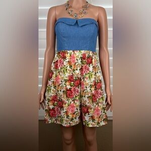 Chambray w/Floral Strapless Dress Sz. 7, by City Triangle